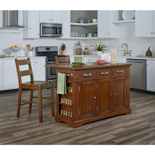 Country Kitchen Large Kitchen Island Two Matching Stools in Vintage Oak Finish and Top with Drop Leaf, BP-4202-947DL8