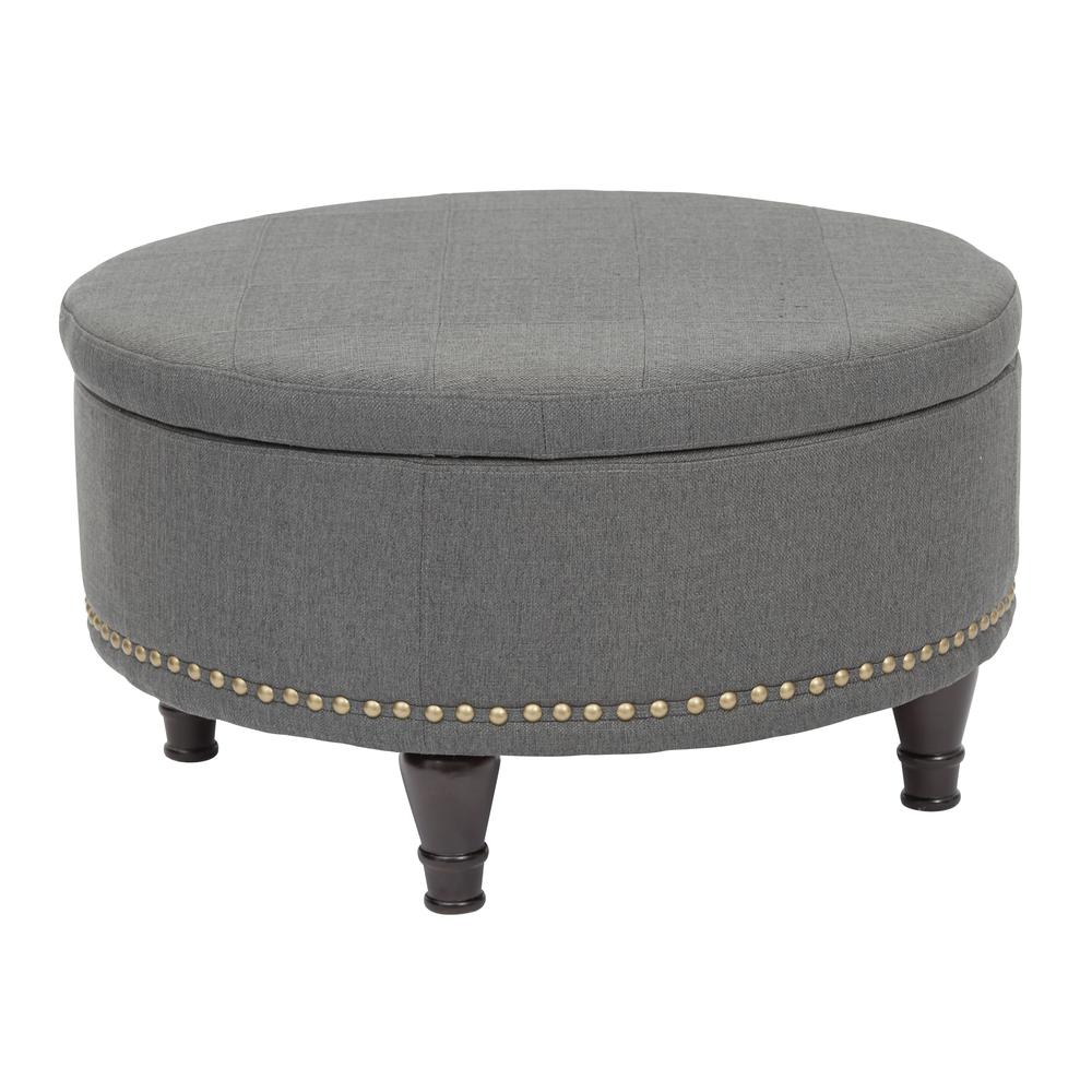 Augusta Round Storage Ottoman in Klein Charcoal Fabric and Antique Bronze Nailheads, BP-AUOT32-K26