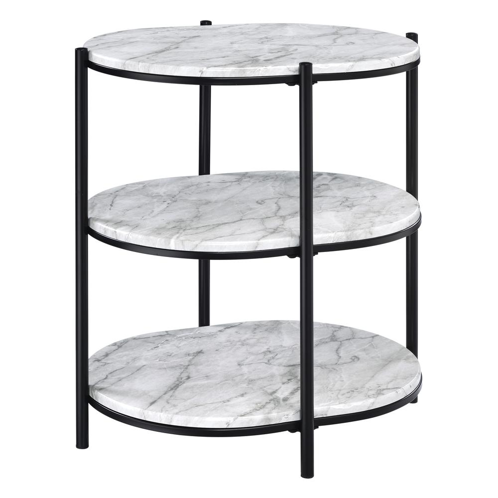 Renton 3-Tier Oval Table with White Marble Shelves and Black Frame