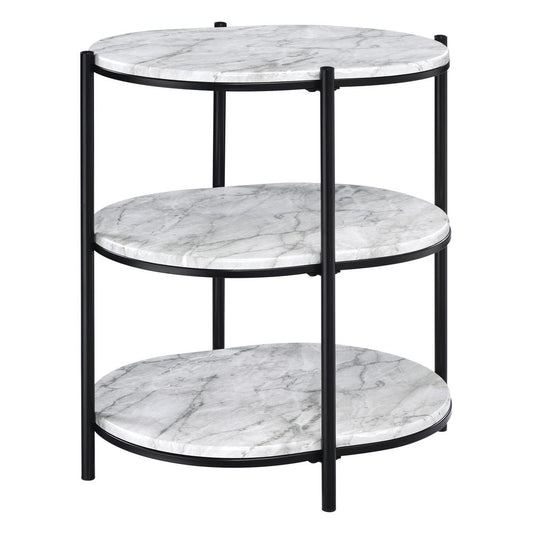 Renton 3-Tier Oval Table with White Marble Shelves and Black Frame