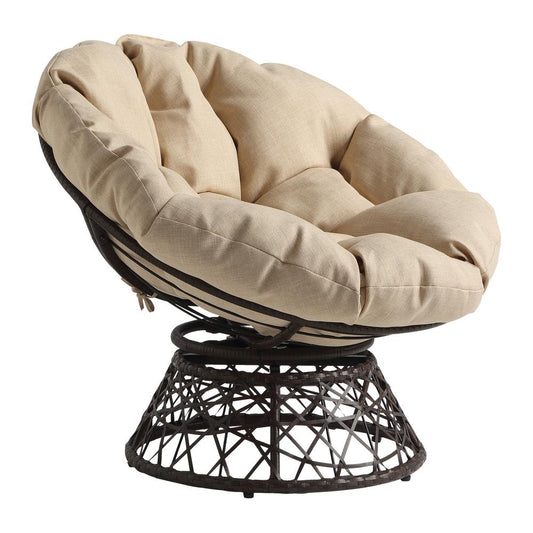 Papasan Chair with Cream Round Pillow Cushion and Brown Wicker Weave, BF29296BR-M52