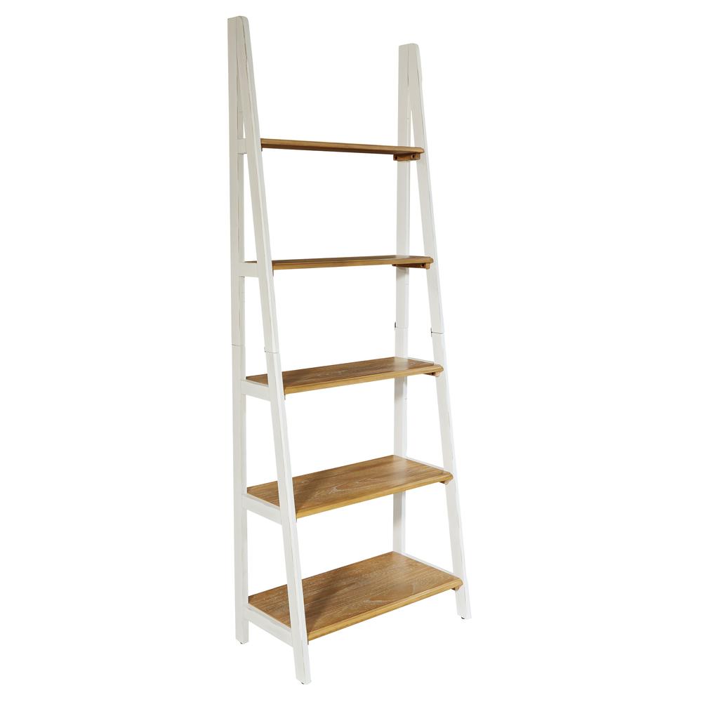 Medford Ladder Bookcase with white distressed faces with natural veneer tops, MED21-DWH