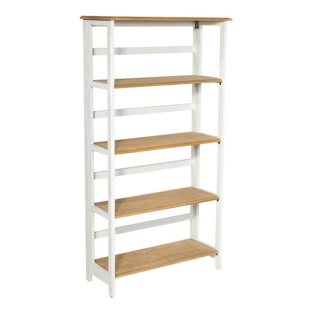 Folding Medford 5 Shelf Bookcase with White Distressed Faces with Natural Veneer Tops, MED275-DWH