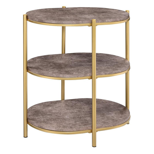 Renton 3-Tier Oval Table with Brown Stone Shelves and Soft Gold Frame