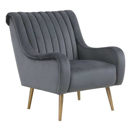 Cassia Velvet Armchair in Charcoal Velvet Fabric and Gold Brushed Legs, CAAG-V37