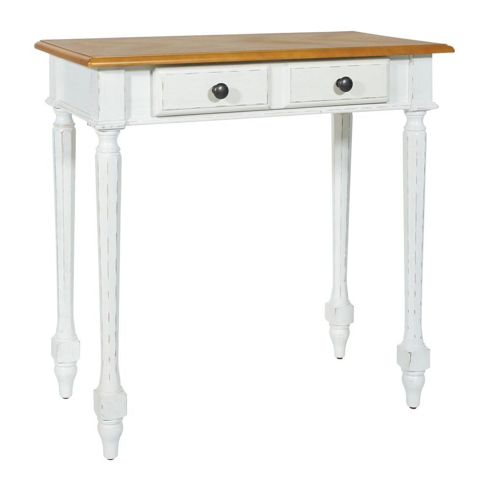 Medford Foyer Table with white distressed frame with natural veneer tops, MED07-DWH