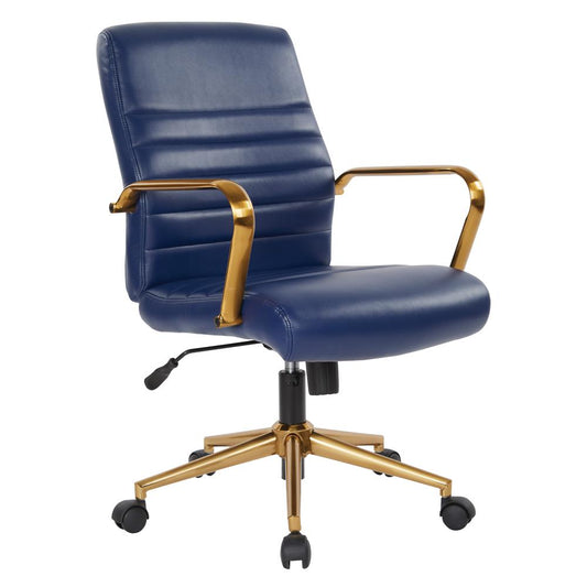 Mid-Back Navy Faux Leather Chair with Gold Finish Arms and Base K/D, FL22991G-U5