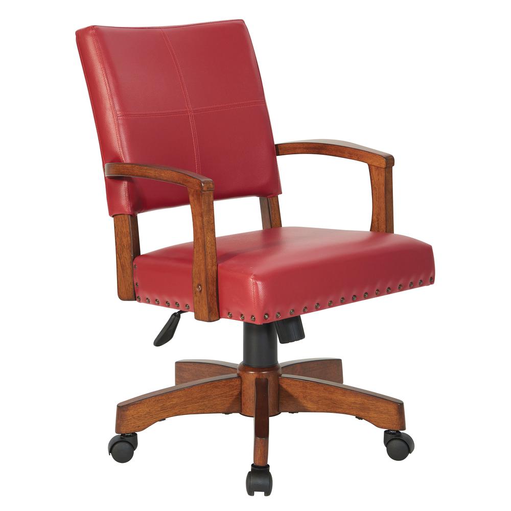 Deluxe Wood Bankers Chair in Red Faux Leather with Antique Bronze Nailheads and Medium Brown Wood, 109MB-RD