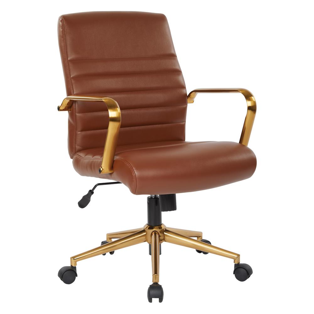 Mid-Back Saddle Faux Leather Chair with Gold Finish Arms and Base K/D, FL22991G-U41