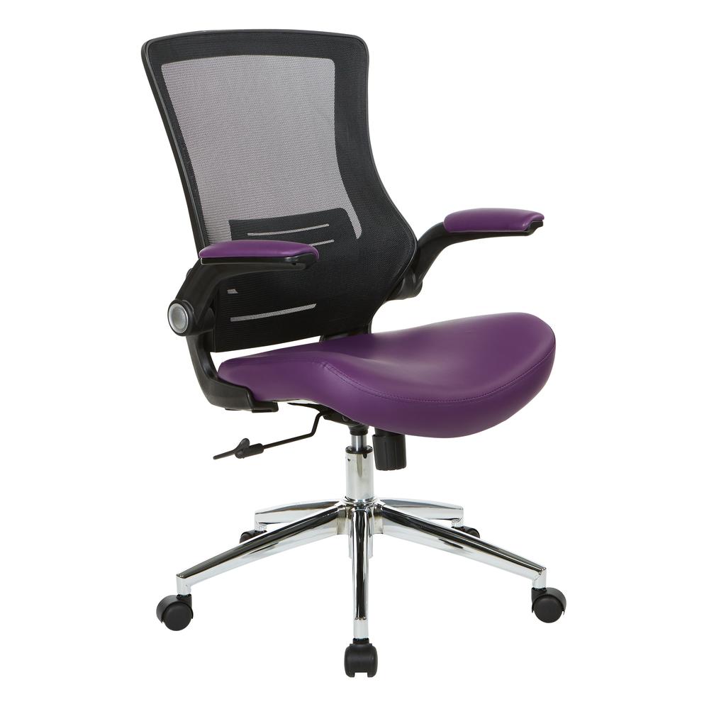 Black Screen Back Manager's Chair with Purple Faux Leather Seat and Padded Flip Arms with Silver Accents, EM60926C-U512