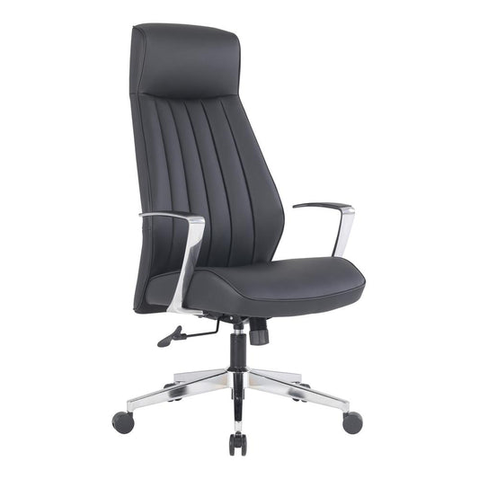 High Back Antimicrobial Fabric Chair with Fixed Padded Aluminum Arms & Chrome Base in Dillon Black