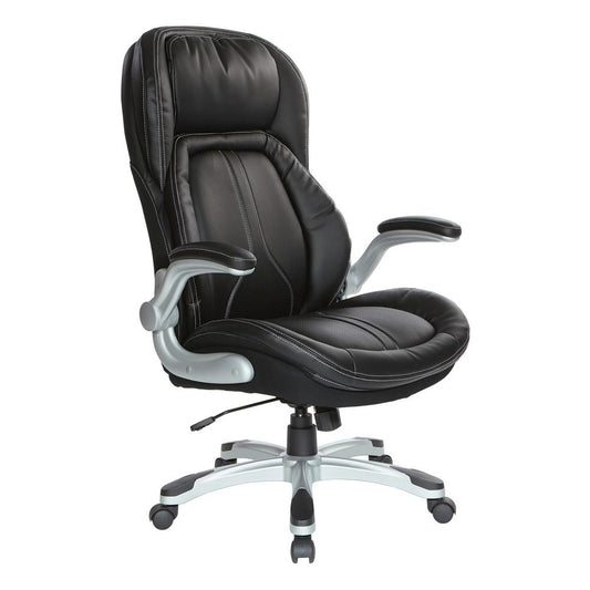 Black Bonded Leather Executive Chair with Padded Flip Arms and Silver Base, ECH620636-EC3