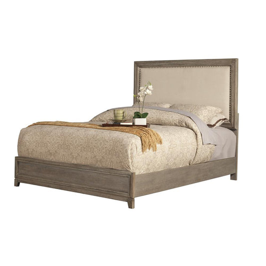 Camilla California King Panel Bed w/Upholstered Headboard & Nailheads, Antique Grey