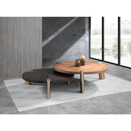 Mimeo round Coffee Table, Wengee veneer top, brushed stainless steel in brass.