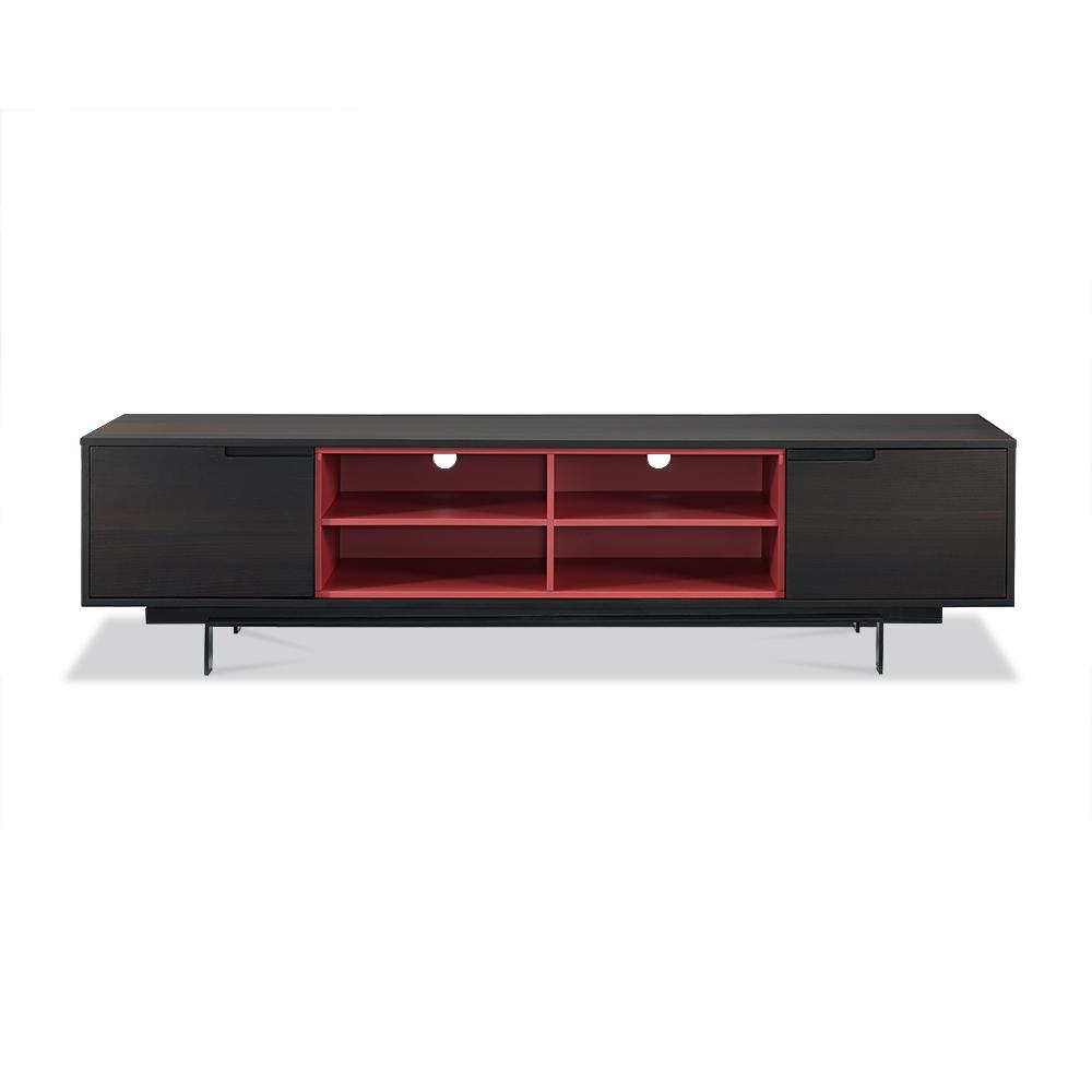 Cleveland TV Unit smoke oak veneer and red shelf.