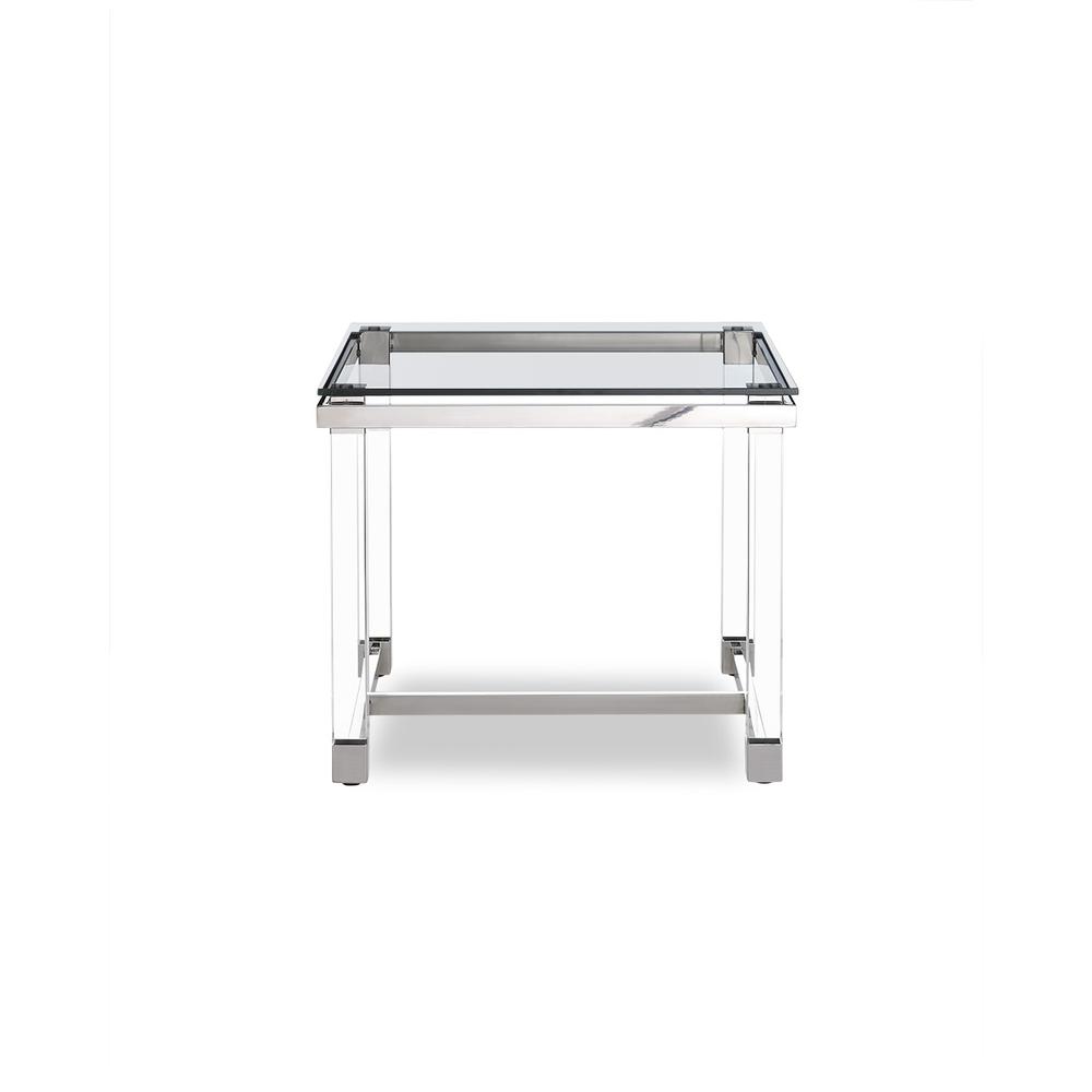 Brianna Side Table, 10 mm Tempered Clear Glass Top, Polished Stainless Steel Frame, Acrylic legs.