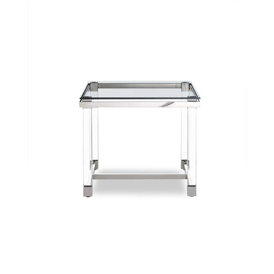 Brianna Side Table, 10 mm Tempered Clear Glass Top, Polished Stainless Steel Frame, Acrylic legs.