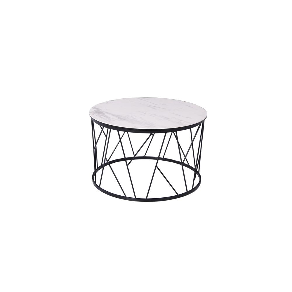 Zeus Side Table, 6mm glass + 3mm White Ceramic top, matte Black powder coated iron base