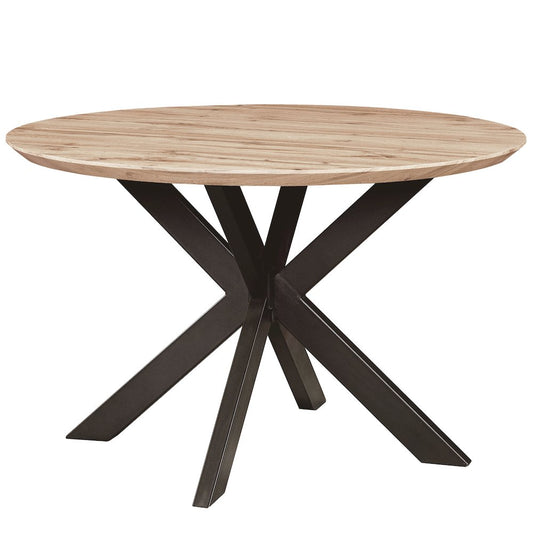 LeisureMod Ravenna 47" Round Wood Dining Table With Modern Metal Base Maple