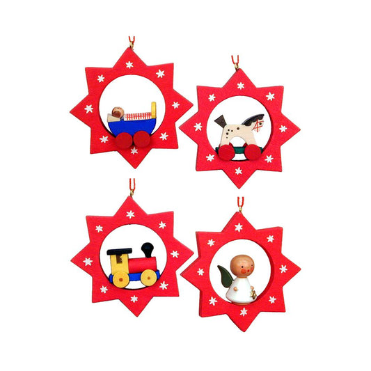 Christian Ulbricht Ornament - Assorted Stars with toys - set 6 - 2.5"H x 2.5"W x .5"D