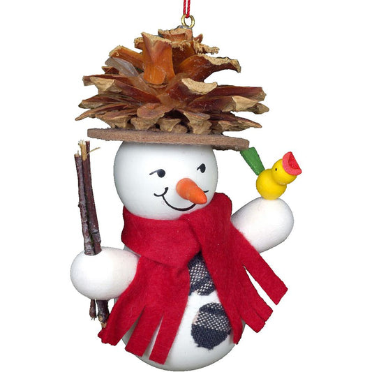 10-0201 - Christian Ulbricht Ornament - Snowman Wearing Pinecone Hat - 3.5"H x 3"W x 2"D