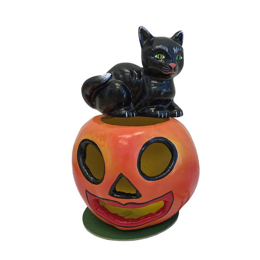 Schaller Paper Mache Candy Container - Cat on Pumpkin - 4.5"H x 2.875"W x 2.875'