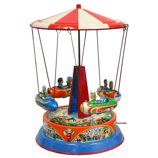 RM540 - German Collectible Tin Toy - Carousel with Rocket Ships on rods - 7.5"H x 5"W x 5"D