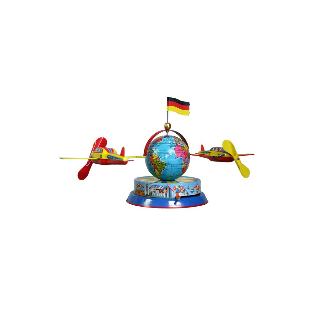 RM575 - German Collectible Tin Toy - Airplanes Circling Globe - 6.5"H x 13"W x 5"D