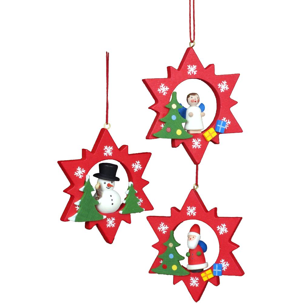 Christian Ulbricht Ornament - Assorted Red Stars with Snowman/Santa/Angel- set 6 - 3"H x 2.5"W x .75"D