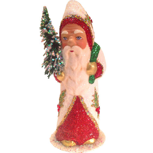 Schaller Paper Mache Candy Container - Santa White and Red Coat with tree - 6.75"H x 3.25"W x 3"D