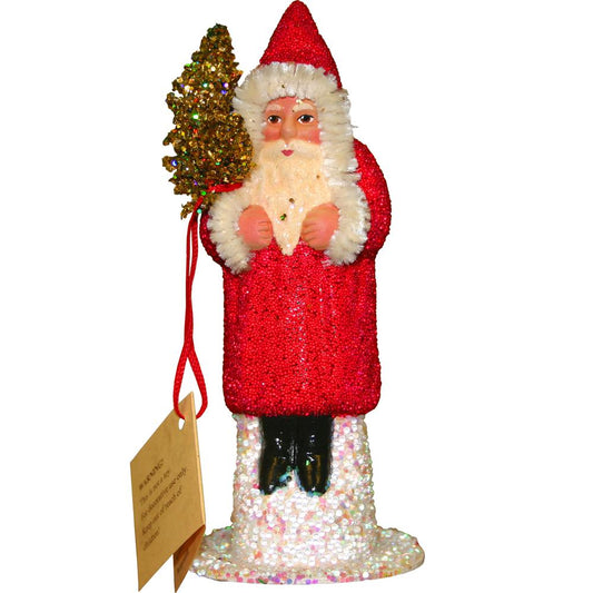 Schaller Paper Mache Candy Container - Beaded Santa Red Coat - 6.5"H x 3"W x 2.5"D