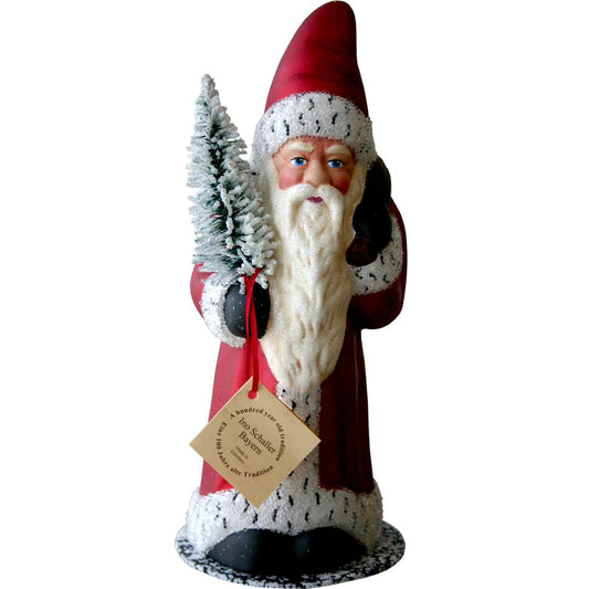 13282 - Schaller Paper Mache Candy Container - Santa Claus w Snowy Tree and Bag - 10.5"H x 4.5"W x 4.5"D