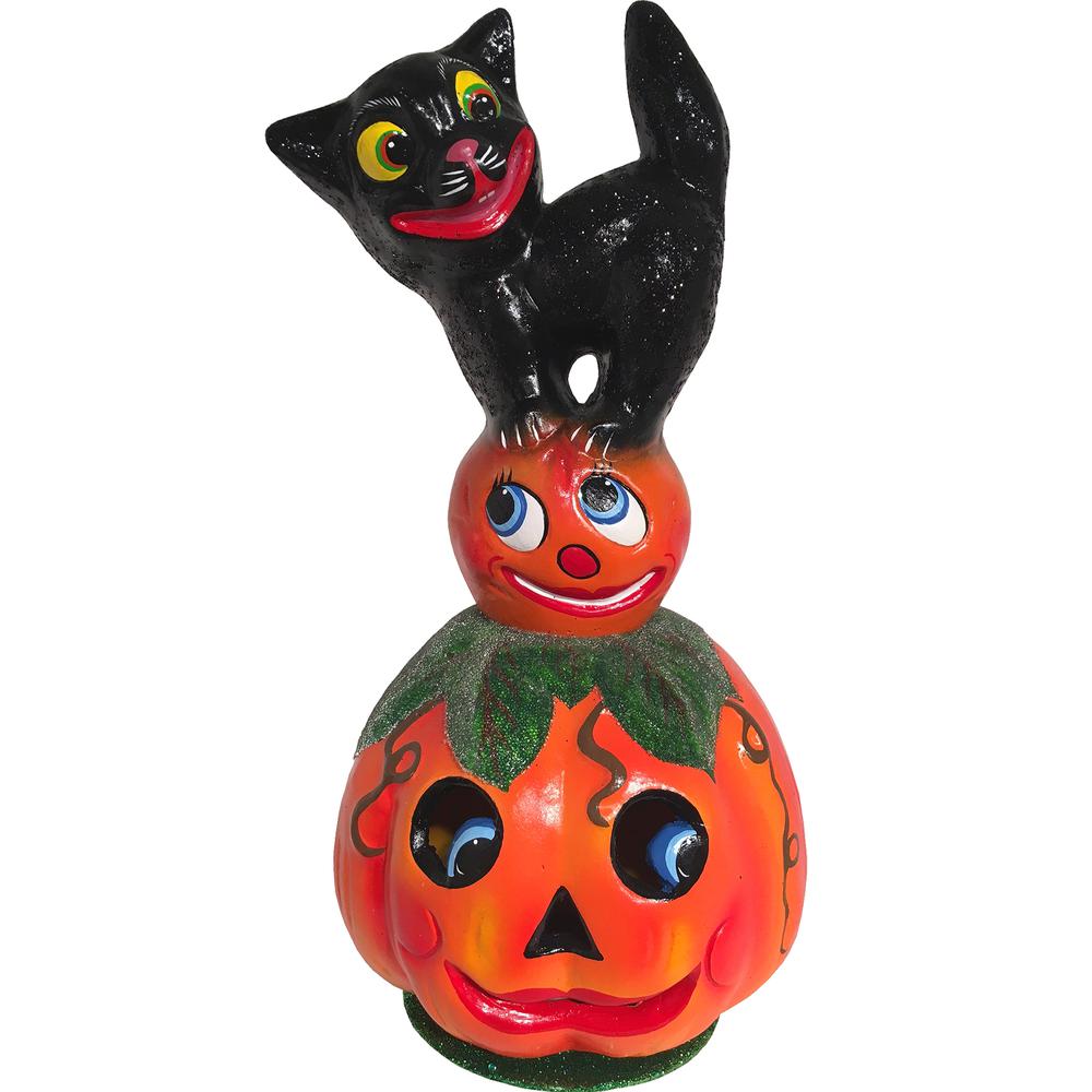 416 - Schaller Paper Mache Candy Container - Cat on Pumpkin - 13"H x 6.5"W x 6.25"D