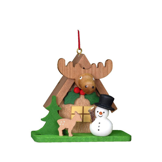 Christian Ulbricht Ornament - Snowman with "Elk" House - 2.5"H x 2.75"W x 1.5"D