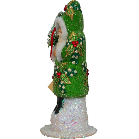 Schaller Paper Mache Candy Container -  Santa Green Beaded - 6.25"H x 2.5"W x 2.5"D