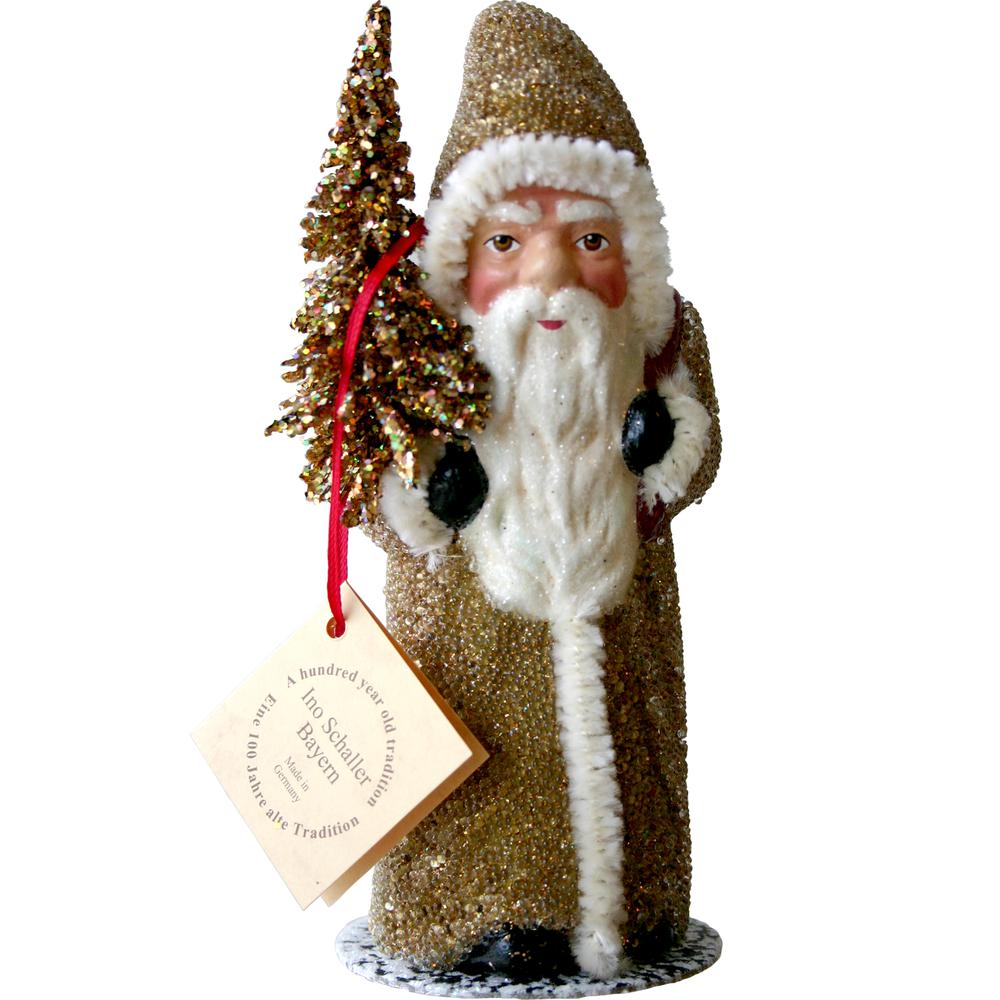 91712 - Schaller Paper Mache Candy Container - Santa w Gold Coat and Tree - 6"H x 3"W x 2.5"D