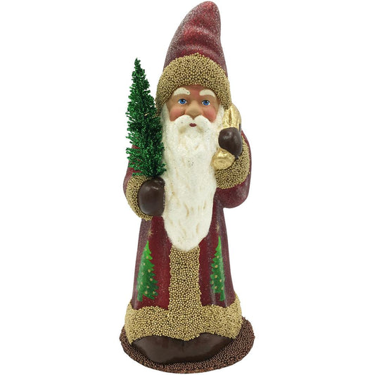 1928 - Schaller Paper Mache Candy Container - Beaded Coat Santa - 10.25"H x 4.25"W x 4.5"D