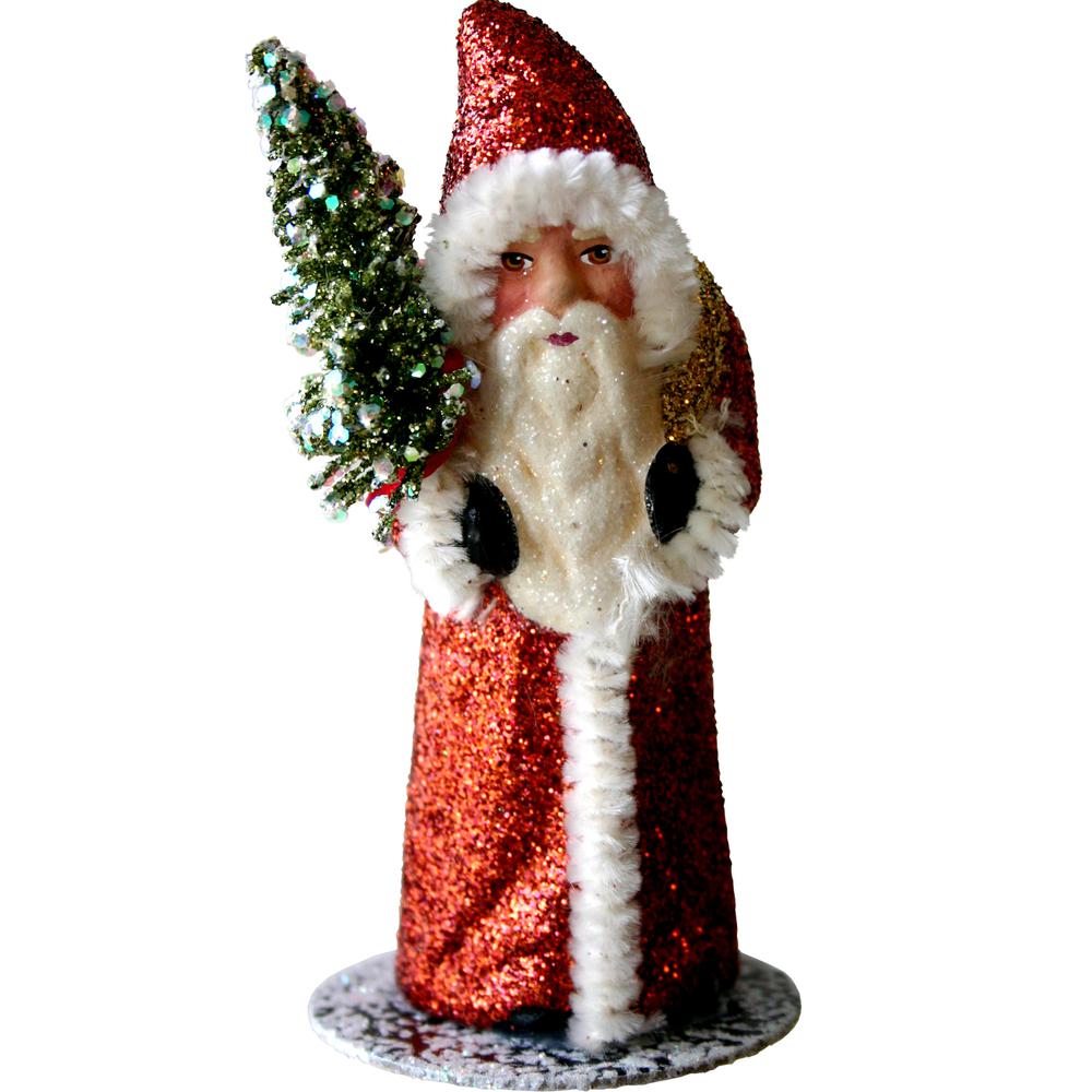 Schaller Paper Mache Candy Container - Santa Copper Glitter Coat with Tree - 5.5"H x 3"W x 2.5"D