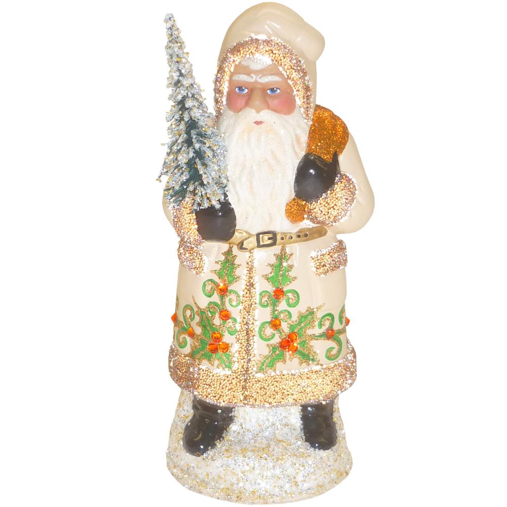 18156 - Schaller Paper Mache Candy Container - Santa With Cream Coat and Holly Details - 7"H x 2.5"W x 3.5"D