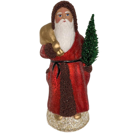 1921 - Schaller Paper Mache Candy Container - Santa With Red Beaded Coat - 8"H x 4"W x 3.25"D