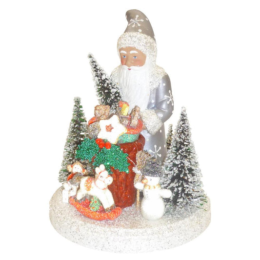 Schaller Paper Mache Candy Container -  Santa in Silver Coat With Gifts - 8.5"H x 6.25"W x 6.25"D