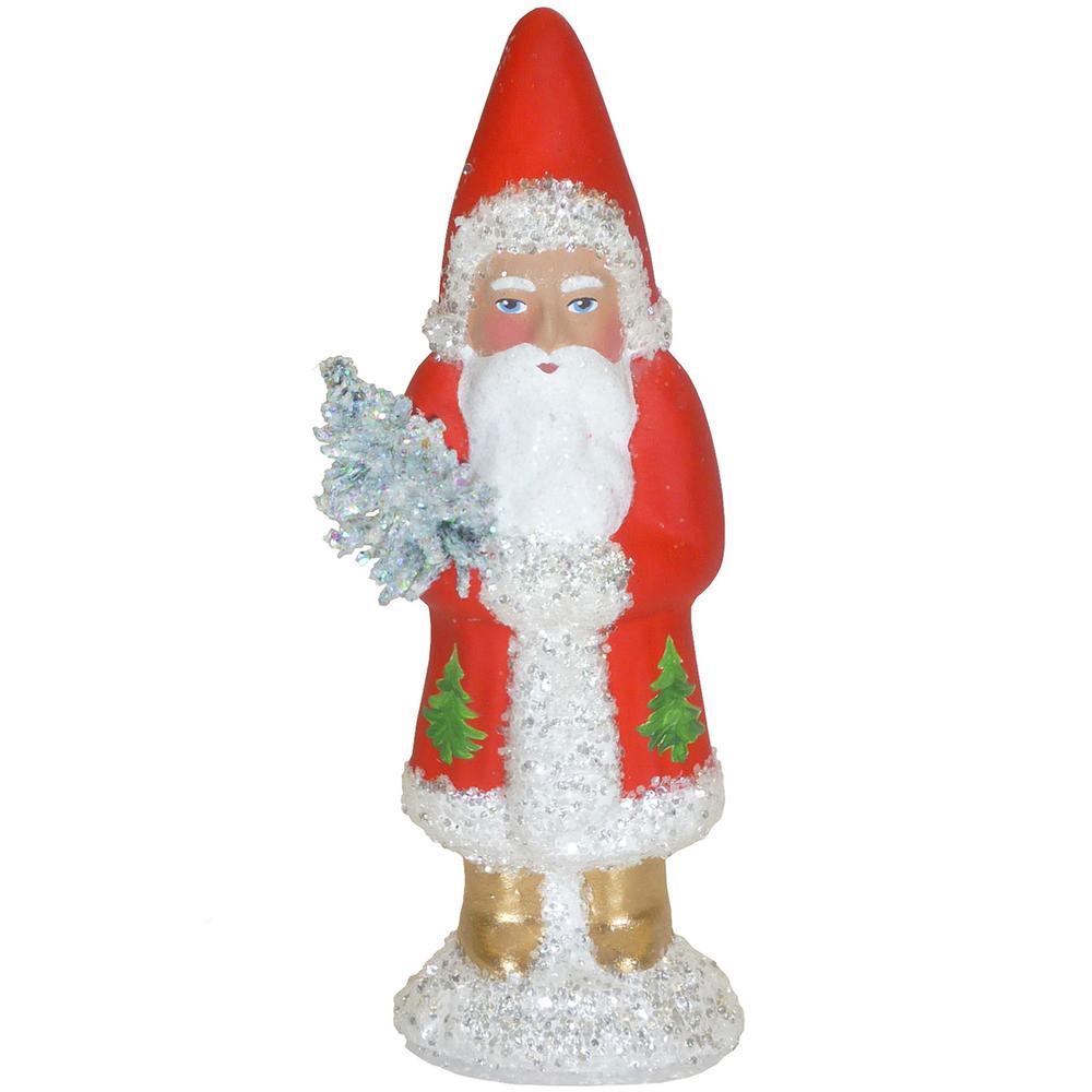 1912 - Schaller Paper Mache Candy Container - Santa With Silver Tree - 4.75"H x 1.75"W x 1.25"D