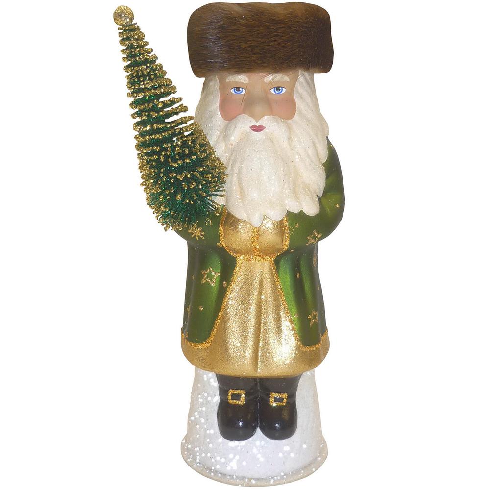 Schaller Paper Mache Candy Container - Russian Santa With Green Coat - 10.5"H x 5"W x 3.5"D