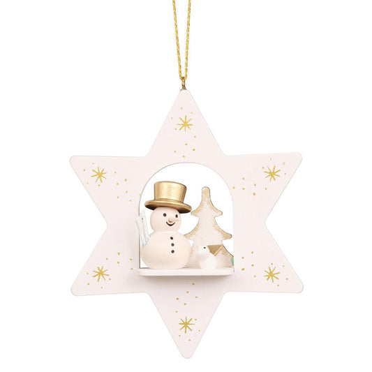 Christian Ulbricht Ornament - White Star With Snowman - 4"H x 3.25"W x 1"D