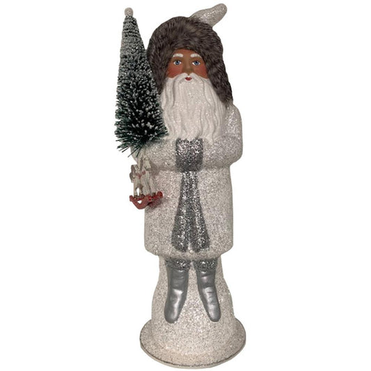 1944 - Schaller Paper Mache Candy Container -Santa With White Glittered Coat - 17"H x 6"W x 5.5"D