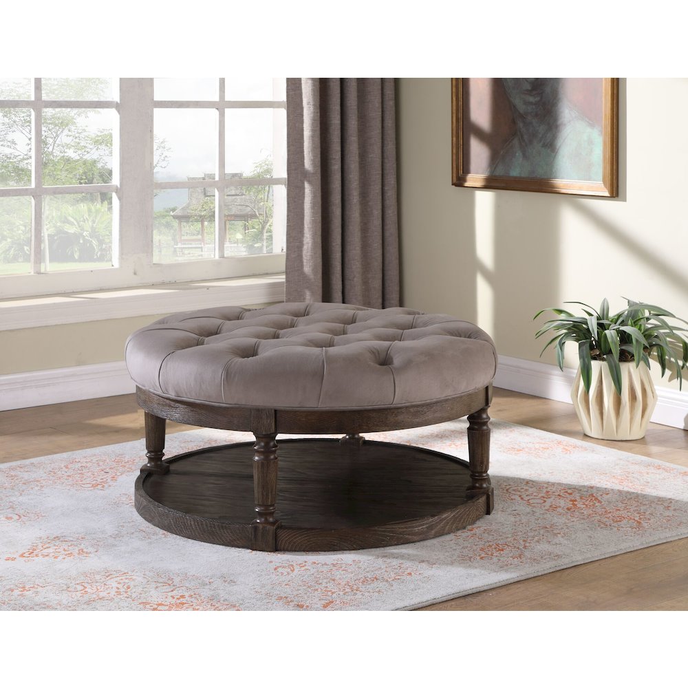 Best Master Linen Fabric Upholstered Round Ottoman in Otter/Smoked Rustic Gray