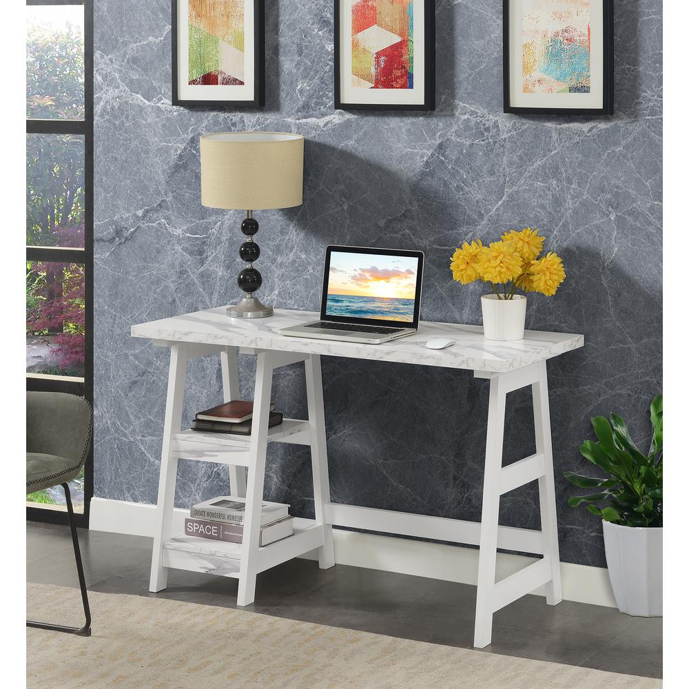 Designs2Go Trestle Desk with Shelves -White Faux Marble/White