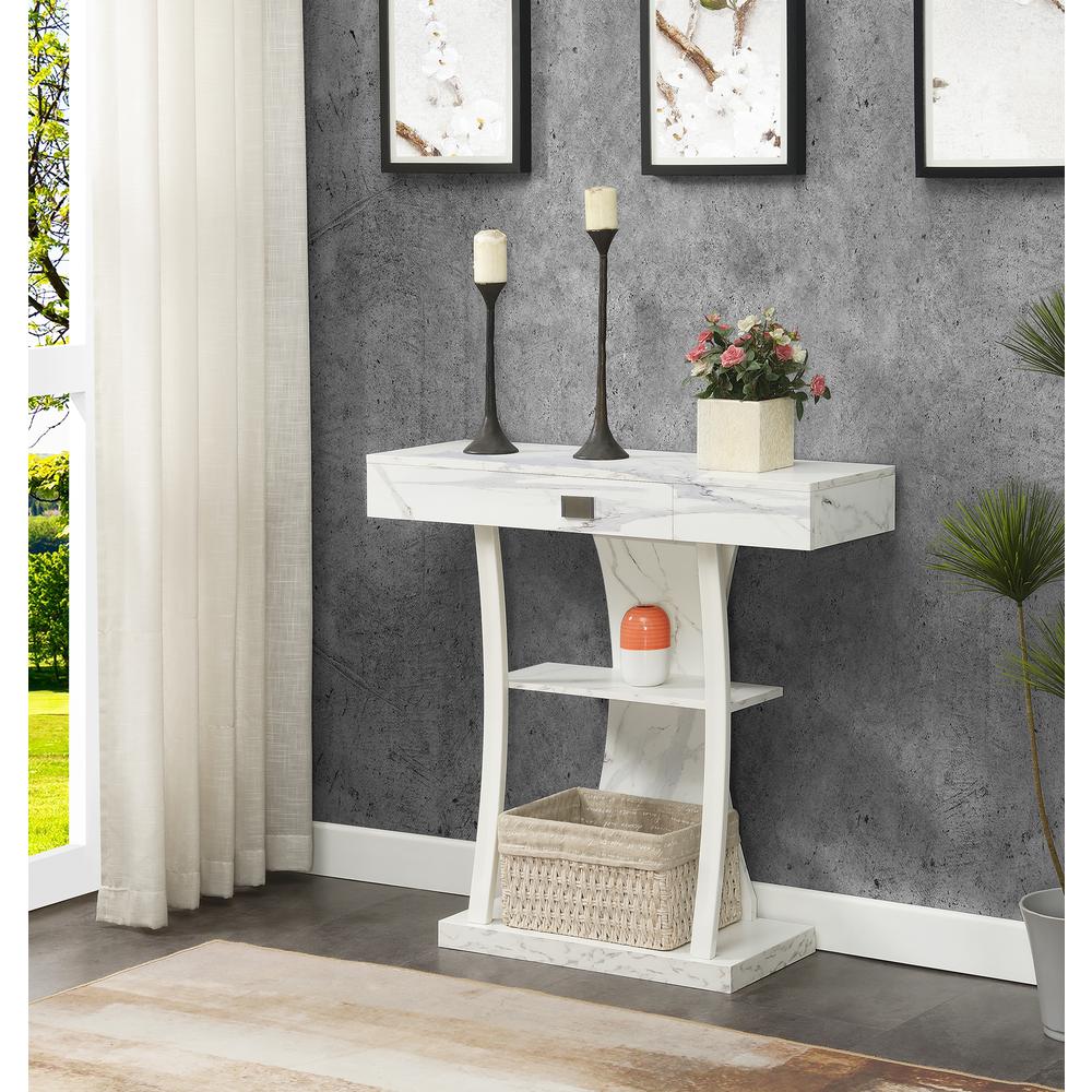 Newport 1 Drawer Harri Console Table with Shelves -White Faux Marble/White