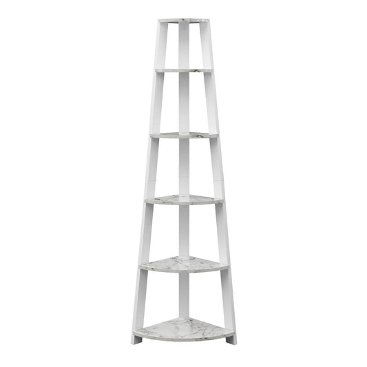 Newport 5 Tier Corner Bookshelf White Faux Marble/White