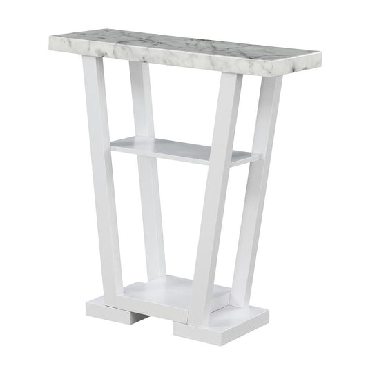 Newport V Console, Faux White Marble/White